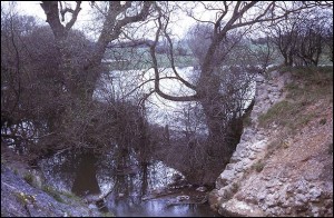 Remains of abutment of aqueduct over Gilwiskaw Brook, May 1971.     